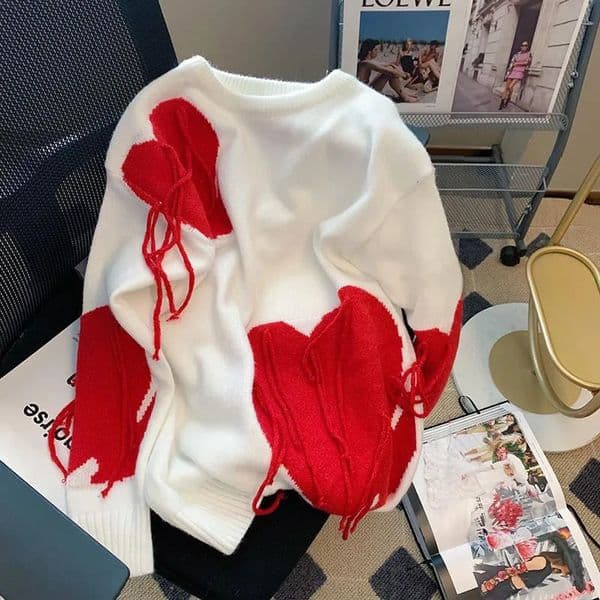 Sweater Women Fashion Knitted Streetwear Heart Tassel Pullover Retro Harajuku Oversize Knitwear Tops Feamle Sweaters 240930