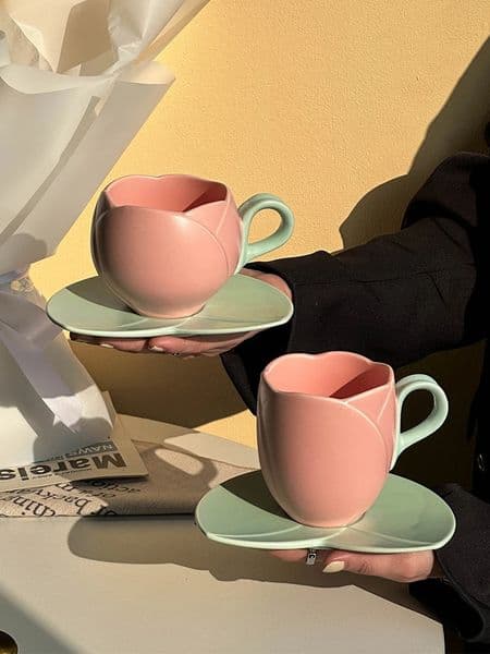 Ceramic tulip cup coaster set with tray flower shaped coffee sauce cute beverage 240927