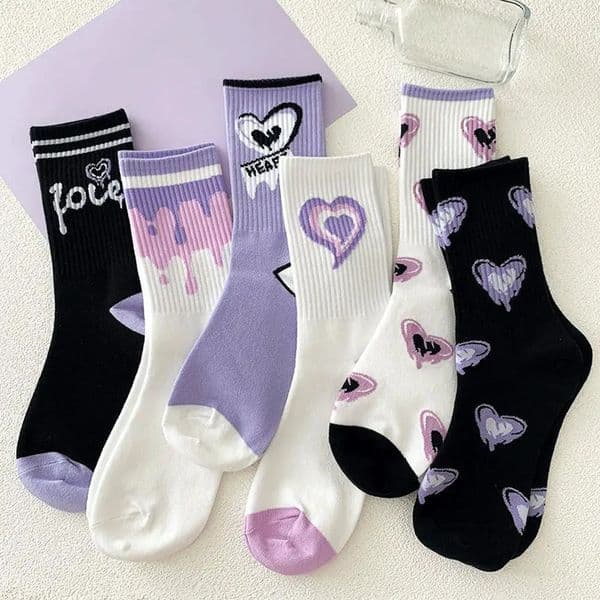 Womens White Socks Cute Cotton with Heart Kawaii Preparatory Korean Anime Purple Set 5 Pair 240926