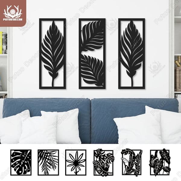 Putuo Tropical Leaves Black Plaque Boho Wooden Line Art Home Decor Living Room Bedroom Wood Wall Decoration Painting Salon 240927