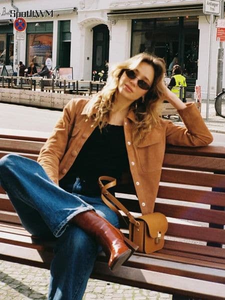 Autumn Winter Brown Womens Slim Fit Suede Short Jackets Fashion Single Breasted Long Sleeves Cropped Coats Chic Lady Streetwear 240923