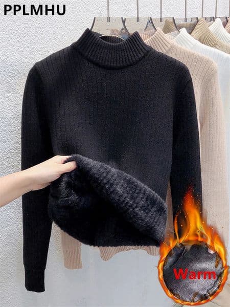 Sweater For Women Casual Thick Warm Knit Plush Velvet Lined Pullover Tops Fall Winter Soft Knitwear Jumper Slim Poleras 240930