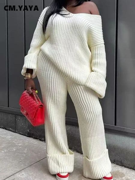 CM.YAYA Knit Ribbed Womens Set Long Sleeve V-neck Sweater and Wide Leg Straight Pants INS Two 2 Piece Set Outfit Tracksuit 240930