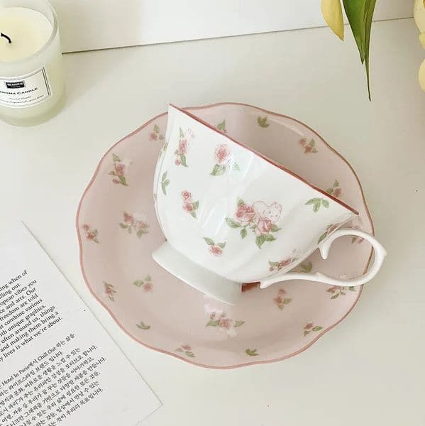 French pink rabbit printed retro coffee cup and sauce set ceramic lovely girl afternoon tea Dim sum 240927