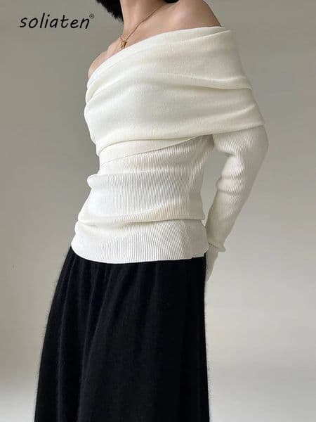 Spring and Autumn Womens Sweater Elegant Retro Knitted Solid Jumper High Elasticity Top C-038 240927