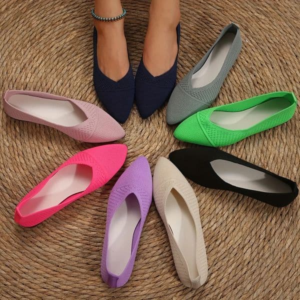 Womens Pointed Toe Flat Shoes Solid Color Knitted Sliding Womens Shoes Casual Breathable Ballet Womens Flat Shoes 240930
