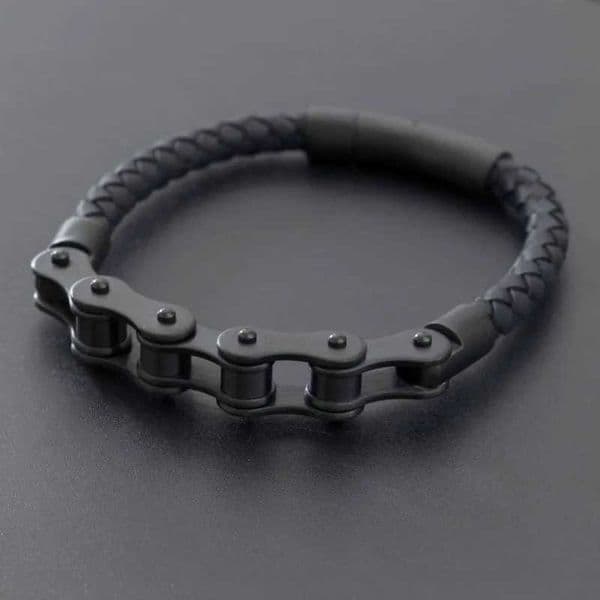 Vintage punk bike chain hand woven leather bracelet with metal buckle mens bike motorcycle rock party jewelry W241004