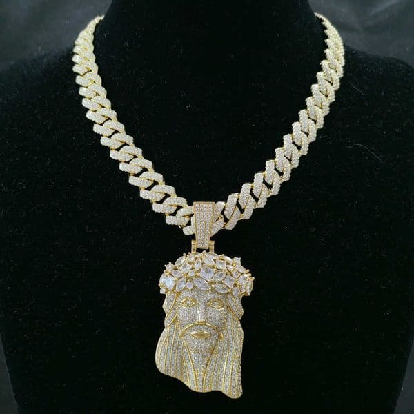 Iced Out Big Size 18k Gold Plated Brass 5A CZ Diamond Jesus Head Pendant Necklace With 13mm Cuban Link Chain For Men
