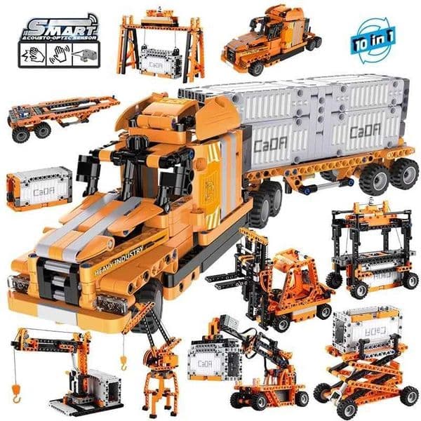 Cada 10 in 1 City Port Truck Engineering Vehicle 10 in 1 Building Block Sensing Cargo Truck Crane Brick Toy Adult Gift W241005