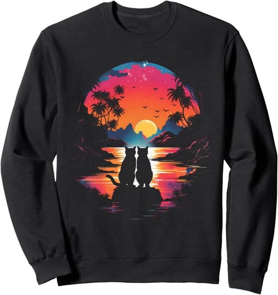 Long Sleeve Shirts for Men sweatshirt Cats Sunset Beach Ocean Retro Summer Vibes Silhouette Design Sweatshirt Tee Streetwear Casual tops clothes