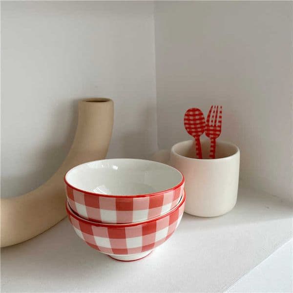Korean ins red checkered bowl ceramic rice bowl for one person eating utensils breakfast bowl