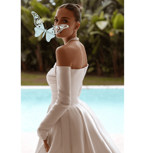 Modest Satin Ball Gown Wedding Dresses Off The Shoulder Long Sleeves Bridal Gowns Sweep Train Robe de Mariee