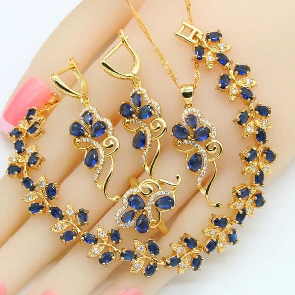Flower blue sapphire 18K gold-plated jewelry set suitable for womens earrings necklaces rings birthday gifts 240924