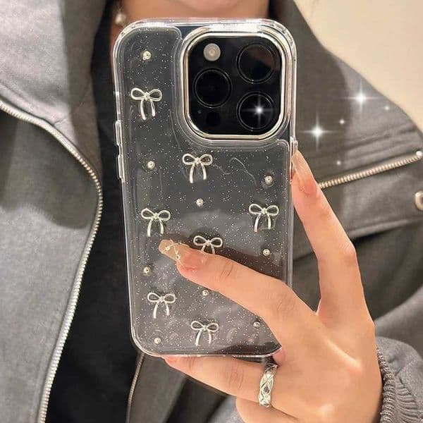 Korean Flash 3D Silver Bow Bead Phone Case Suitable for 16 15 14 13 12 11 Pro Max 7 8 Plus X XS Epoxy Resin Case Cover for GirlsXJ250321