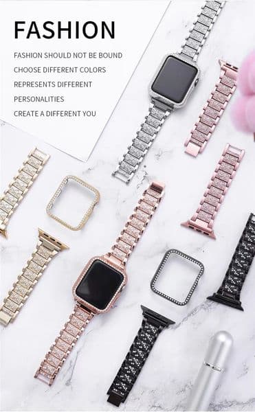 Cool Chain Metal Link Bands for Apple Watch 46mm 41mm 42mm 44mm 45mm 49mm Women Men with Bling Case Stainless Steel Band with Diamond Case for Iwatch 10 9 Series 8 7 6 5 4 3 2 1