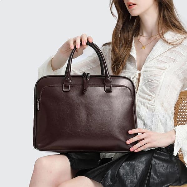 Toptrends denim leather womens briefcase 2024 trend er 14 inch laptop business A4 office shoulder bag 240929