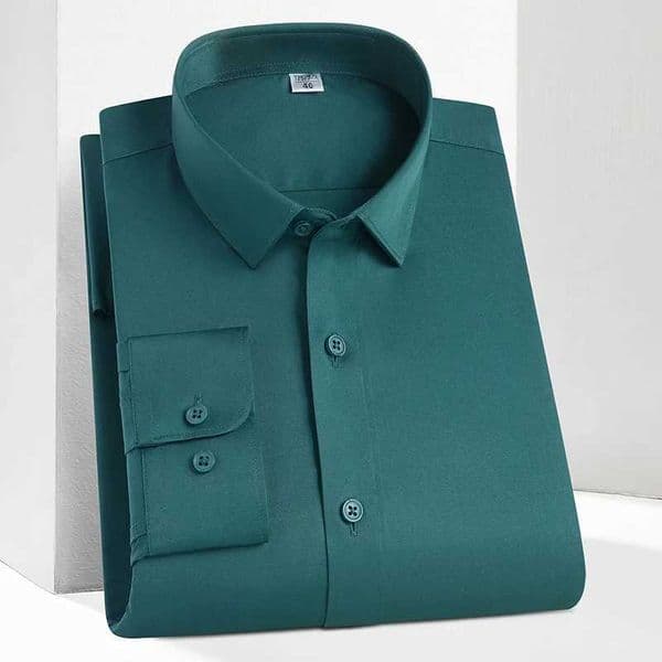 Mens classic shirt silk long sleeved autumn casual solid no pocket soft slim fit green smooth wrinkle free work shirt X241007