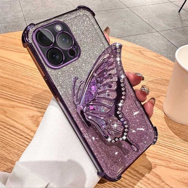 Luxury Case Liquid Sand Butterfly Phone Holder Glitter Shockproof Lens Full Protect Case for iPhone 15 16 Pro Max 14+XR 13 X XS 12 11 7 8 Z241008