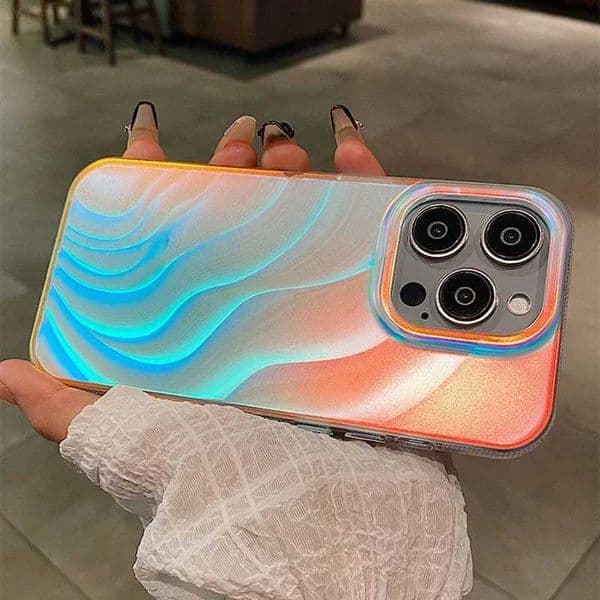 Luxury Case Aurora Gradient Color Case for iPhone 15 14 16 Pro Max 13 12 11 Ripple Laser Feather Shockproof Acrylic Cover for iPhone 15 Z241008