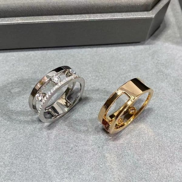 V Gold high version three diamond sliding ring French personality hollowed-out smart men's and women's rings