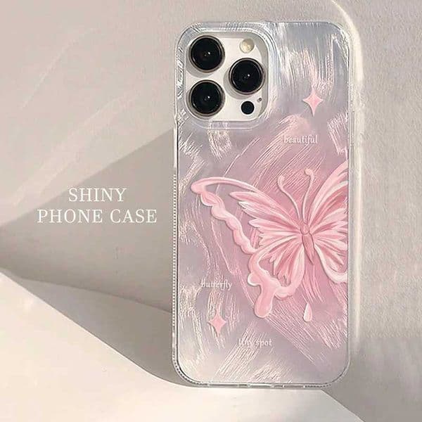 Luxury Case Gradient pink glitter butterfly pattern phone case suitable for iPhone 11 12 13 14 15 16 Pro Max7 8 Plus XS X XR SE 2 shockproof cover Z241008