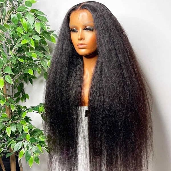 Yaki Kinky Straight Natural Black Color 13X4 Transparent Lace Frontal Synthetic Wig For Women Hairline Preplucked Cosplay DailyXJ241008