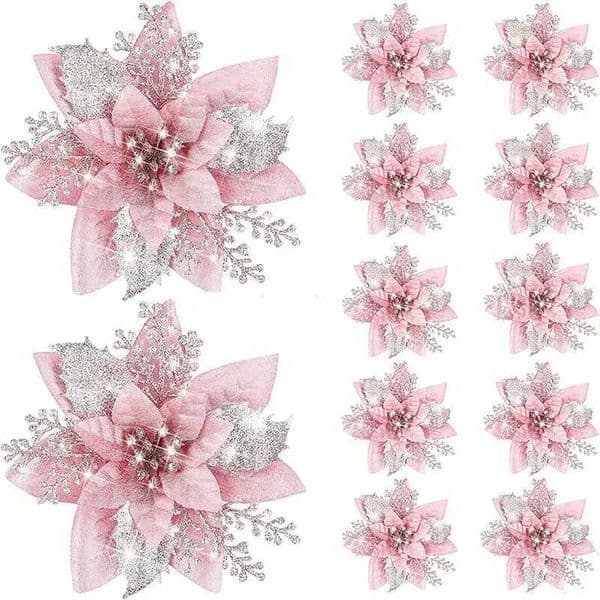 5pcs 14.5cm Sparkling Artificial Christmas Flowers Mreey Christmas Tree Decoration Happy New Year Celebration Christmas Fake Flowers Natural W241008
