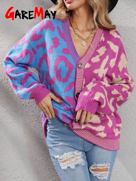 Autumn Winter Pink Leopard Print Cardigan Women Knitted Sweater V-neck Female 2024 Loose Button Coat Warm Cardigan for Women 241008