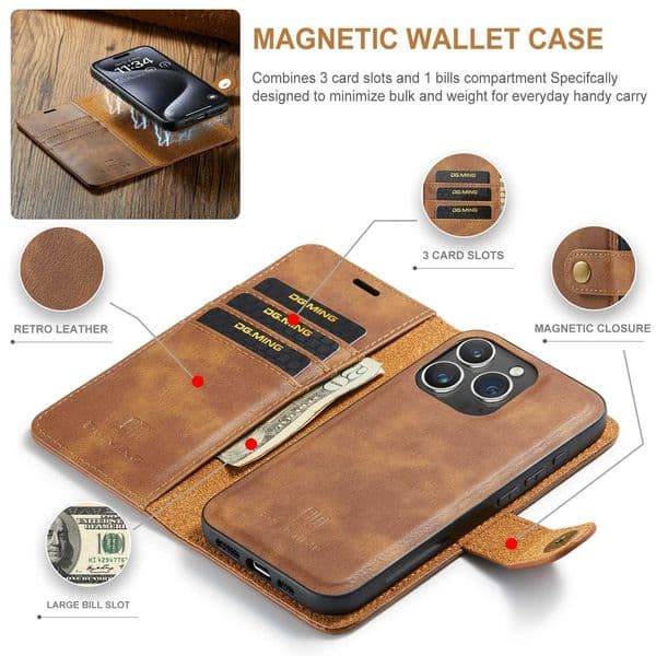 Cellphone Case DG. Ming for iPhone 11 12 13 14 15 16 Pro Max Wallet Case Detachable Leather Magnetic Flip Cover Case Suitable for iPhone SE XS 7 8 Plus G241008