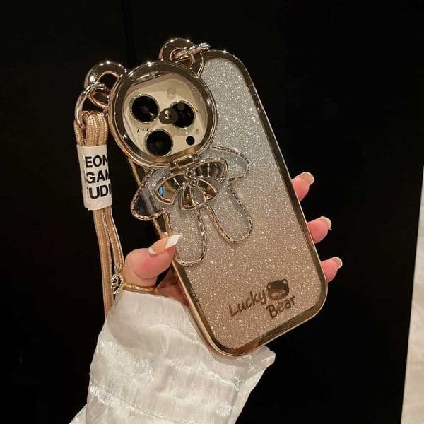 Luxury Case Cute Sparkling Bear Cross Case for iPhone 14 13 12 16 Pro Max 15 Plus Tether Stand Gradient Necklace Stand Soft Cover Z241008