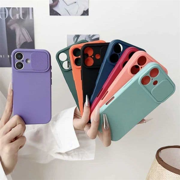 Slide Camera Lens Protection Soft Silicone Case For iPhone 16 15 14 Plus 13 12 11 Pro X XS XR Max 8 7 SE Shockproof Bumper Cover M250508
