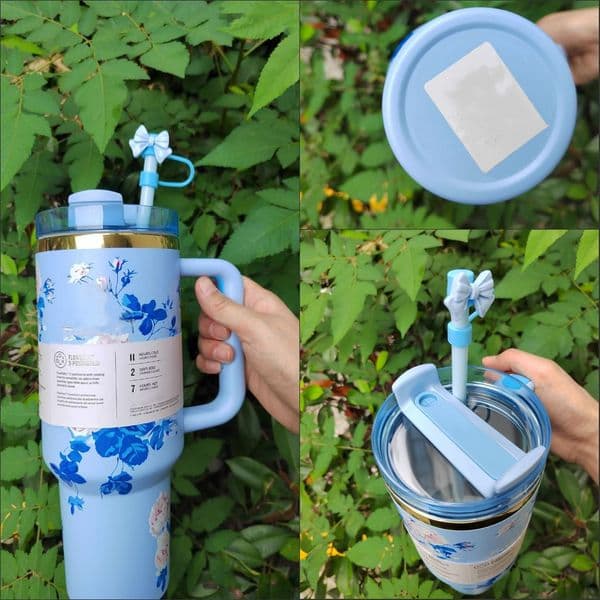 2026 DHL Ship 40Oz Christmas Ral Cups Rose Blue Magnolia Lilac Stainless Steel Tumblers With Silicone Handle Lid Bow Straw Topper 40 OZ