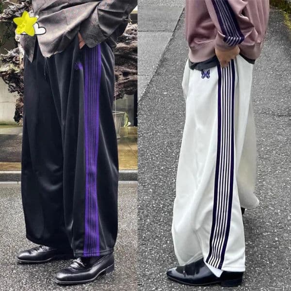 Purple Striped Butterfly Embroidery Wide Leg Pants Men Women Best Quality Oversized Drawstring Sweatpants Jogger Black