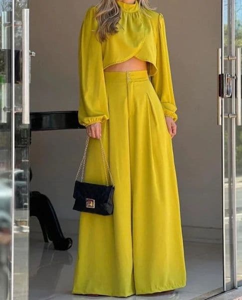 Two piece womens dress set spring temperature means irregular crops top and casual high waist daily wide leg pants 241007