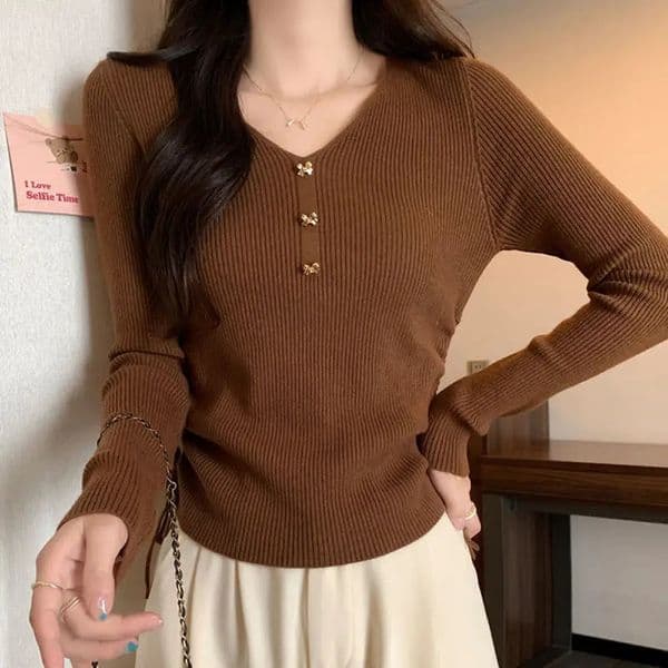 Spring and summer Vneck long sleeved solid floral womens clothing Korean simple knitting fully matched sweet top 241007