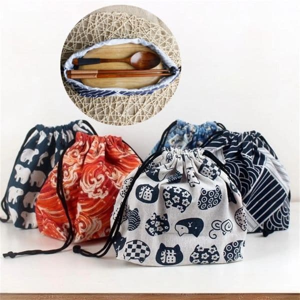 1Pc Japanese Style Drawstring Lunch Box Storage Bag For Travel Picnic Portable Easy Wash Bento Tote Pouch 240925