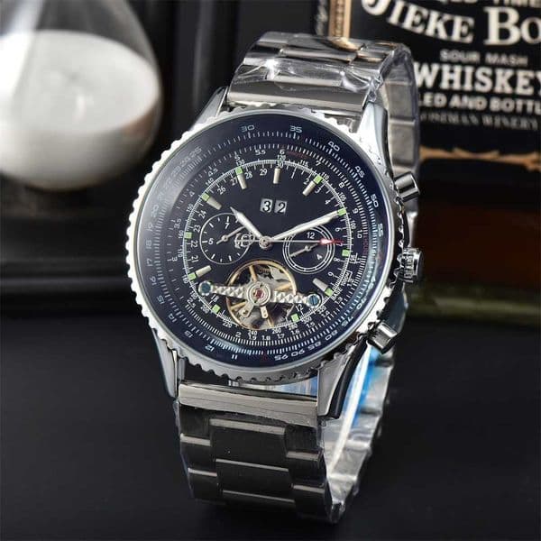 Designer's new style watches Hot selling century old Tuo flywheel mechanical steel belt toothed ring large dial mens leather calendar watch