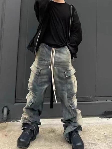 American fashion washed vintage gradient striped multi pocket drawstring jeans Harajuku street loose 240929