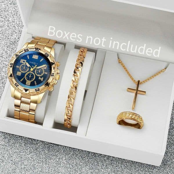 4PCS/Set Fashion Mens Watch Casual Gold Steel Band Analog Male Quartz Watches Jewelry SetWithout BoxX241010