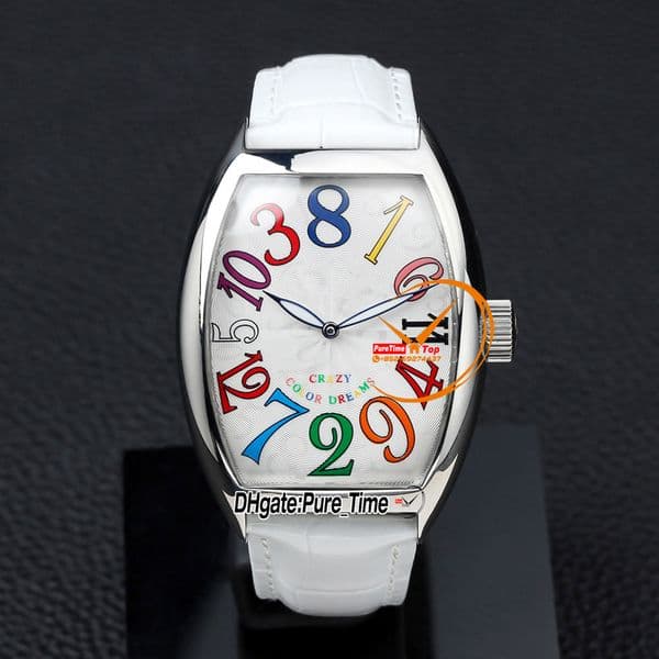 New Crazy Hours Color Dreams 8880 CH A2813 Automatic Mens Watch White Dial Big Number Markers Steel Case White Leather Strap Strap Gents Watches Pure_Time Z02a