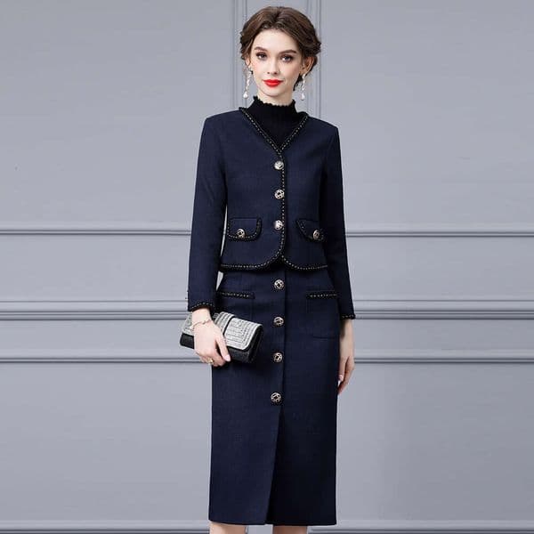 high-end temperament woven ribbon lace V-neck short top jacket with split half body hip hugging skirt two-piece set for autumn