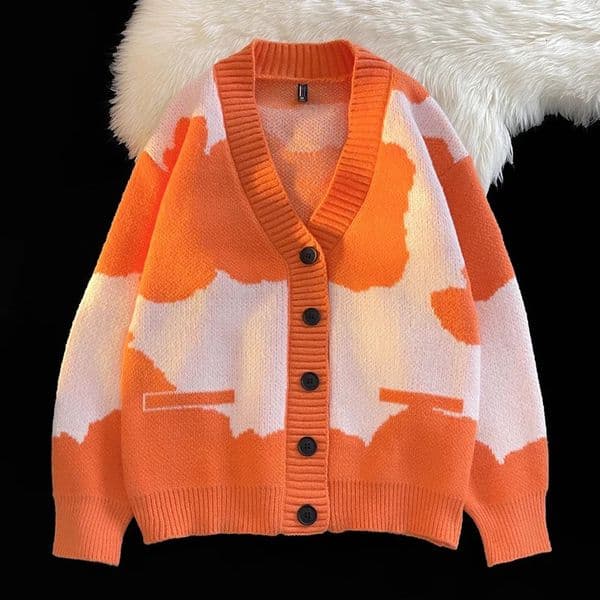 Korean Version Comfortable Breathable Mens Vneck Cardigan Sweater Autumn Winter Color Blocked Printed Knitted Jacket 240930Z