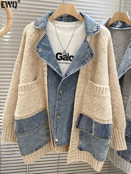 EWQ Fashion Casual Denim Spliced Long Sleeve Knitted Cardigan Loose Thick Women Sweater Coats Winter 2024 Autumn 16O14 241007