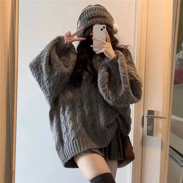 Autumn Winter Women Sweater Harajuku Oversized Knitted Pullovers Korean Long Sleeve V Neck Knitwear Preppy Solid Loose Jumper 241007Z