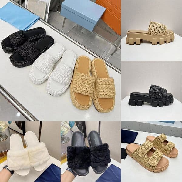 Designer Slipper Sandals Women Slides Black Platform Wedges Flatform winter wool fur Slippers Summer Flat Comfort Mule Beach shoes 35-42
