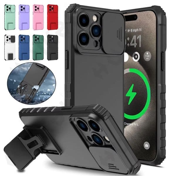 Hybrid Stand Military Grade Armor Shockproof Case Pull Slide Camera Lens Protection For iPhone 16 15 14 13 12 11 Pro Max XR XS X 8 7 Plus Samsung S20 S21 S22 S23 FE S24 Ultra