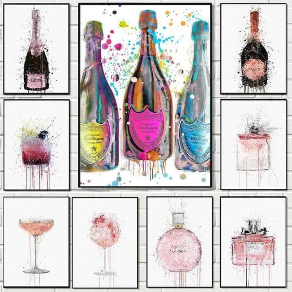 Luxury pink gin bottle perfume wine cup canvas modern art abstract graffiti wallpaper home decoration W241010
