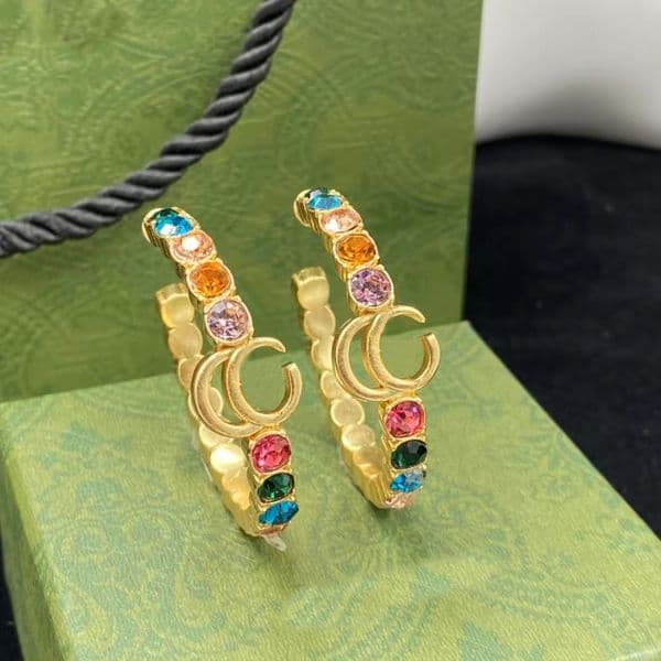 Luxury Designer Colored Diamond Crystal Hoop Earrings 14k gold Brass stylish delicate earrings for women's wedding parties wedding anniversary gift jewelry
