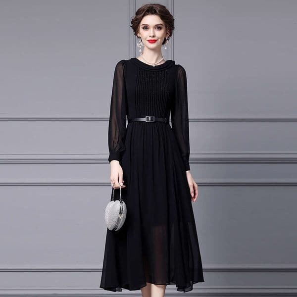 2024 Autumn New Black High-end Elegant Temperament Patchwork Yarn Sleeve Waist Cinching Lace Up Big Swing Dress High Waist Dress BOHO DRESS