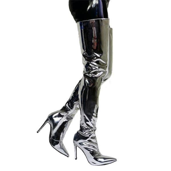 Modern Silver Mirror Leather Thigh High Boots Woman Pointy Toe Zipper Stiletto Heels Women's Shoes Autumn Winter Big Size 47